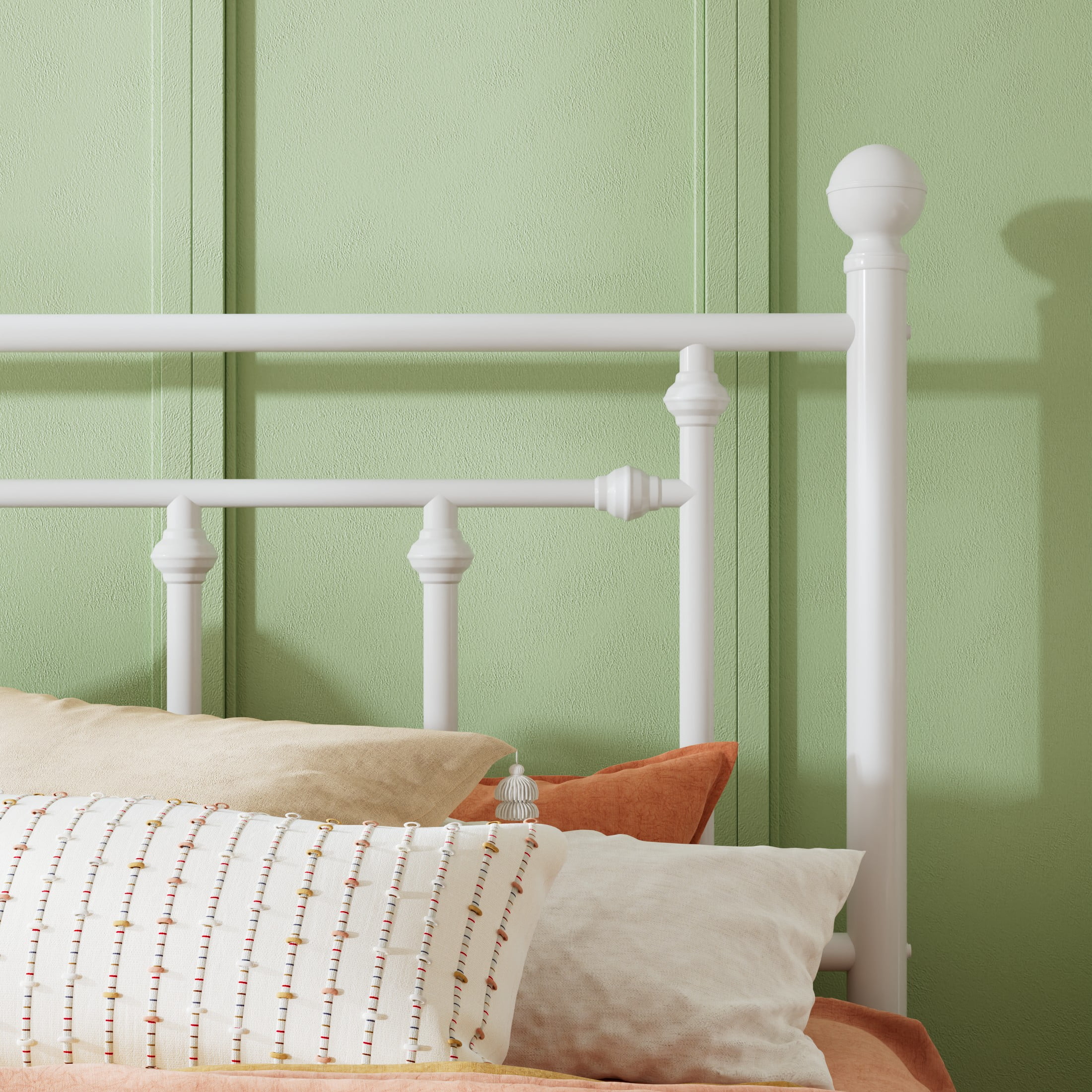 Sha Cerlin White Full Size Metal Platform Bed Frame with Victorian Vintage Headboard & Footboard, Adult