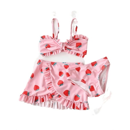 

3pack Cute Strawberry Print Ruffle Trim Spaghetti Strap Tankinis Pink Baby Swimwear (Baby s)