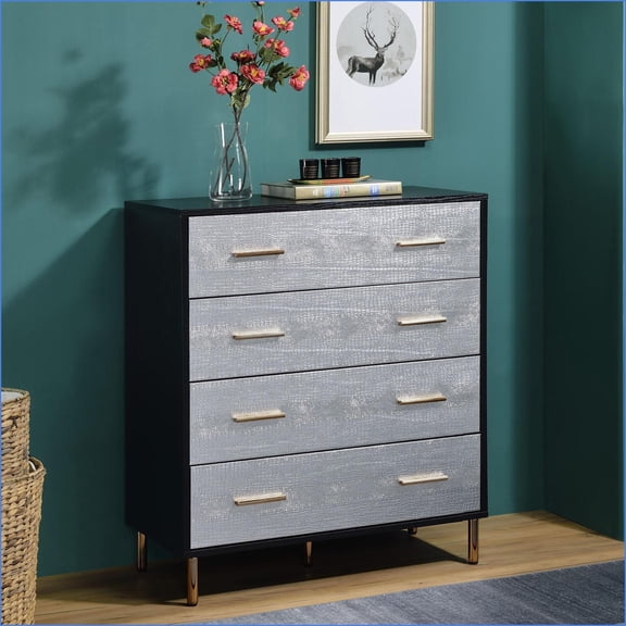 Chests: 4-Drawer Modern Luxe Chest Black/Silver with Gold Hardware | Black+Gold | Wood+Metal
