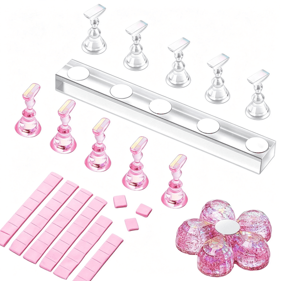 EXLEAF Nail Stand for Press on Nails - 2 Set Acrylic Nail Holders for Nail Art Practice, 10 Nail Stands, 60Pcs Reusable Putty, Flower Shaped Base & Tweezers, Nail Art Tool Kit for Salon & Home