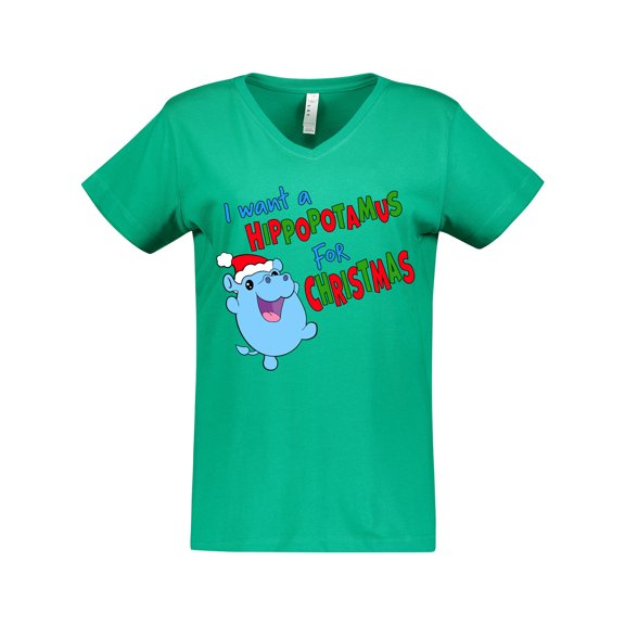Inktastic I Want a Hippopotamus for Christmas Cute Stuffed Hippo Women's V-Neck T-Shirt