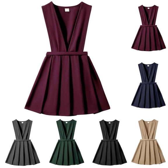 Girls' School Uniform V-Neck Jumper Dress Pleated Pull-on Scooter Skirt (Red 3-4 Years)