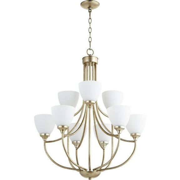 Transitional Nine Light Chandelier-Aged Silver Leaf Finish-Satin Opal Glass Color Bailey Street Home 183-Bel-2534972