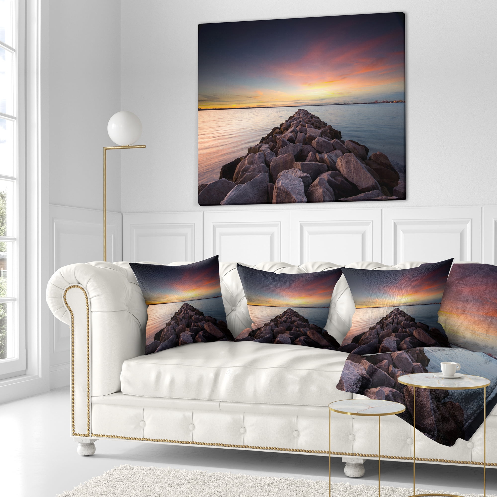 Designart Long Stone Bridge into Beautiful Sea - Seashore Throw Pillow - 16x16