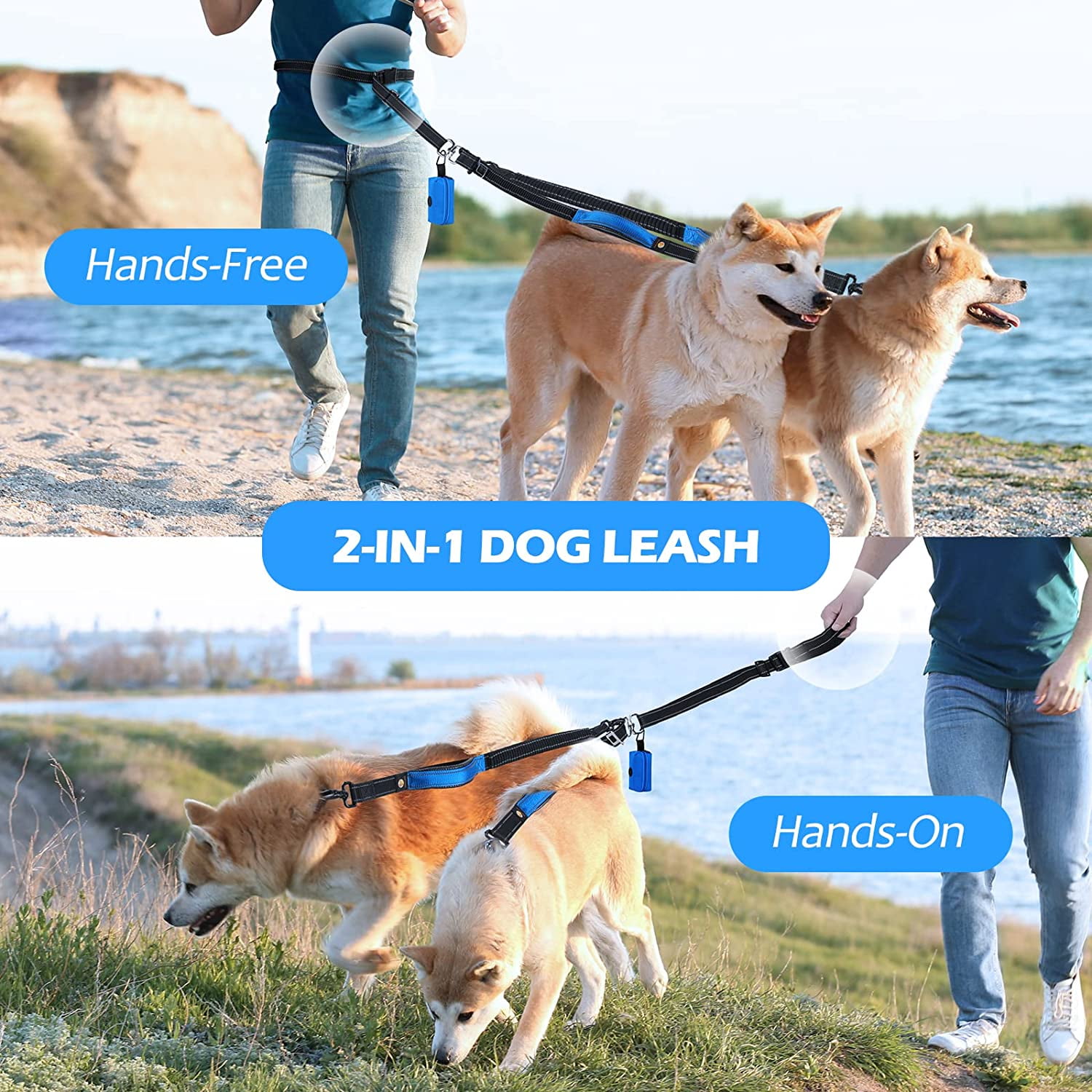 No-Tangle Reflective Leash with Bungee Leash and Padded Handles for Walking Running Training with Medium and Large Dogs with Poop Bag Holder Hands Free Double Dog Leash Adjustable Waist Belt 