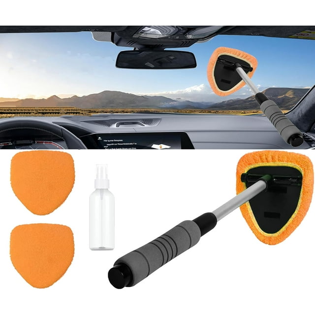 Windshield Window Cleaner Tool, Windshield Cleaner Car Windshield Cleaning Tool with Reusable Microfiber Pads Glass Wiper Kit with Extendable Handle Washable Microfiber Car Window Cleaner (Orange)