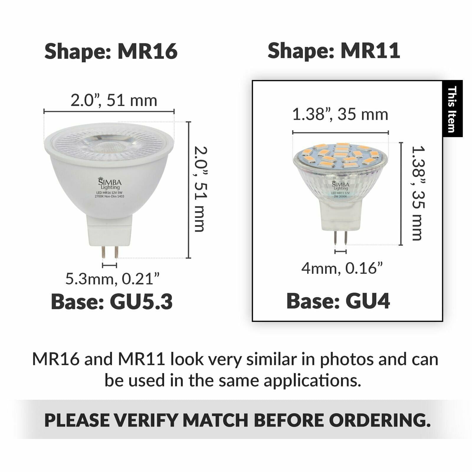 Simba Lighting LED MR11 3W 20W Halogen Replacement Light Bulbs 12V GU4 Bi-Pin 3000K Soft White 10-Pack