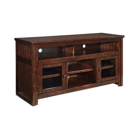 Wooden Tv Stand With Two Glass Inserted Door Cabinets And Open