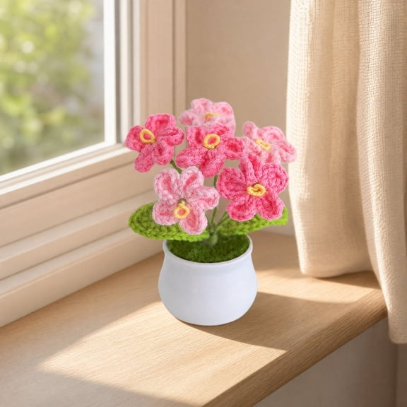 mdesiwst Handmade Crochet Flower with Pot, Small Cute Knitted Eternal Potted Forget Me Not Flower, Mini Artificial Flower for Desk Decor, Gifts for Women Friend