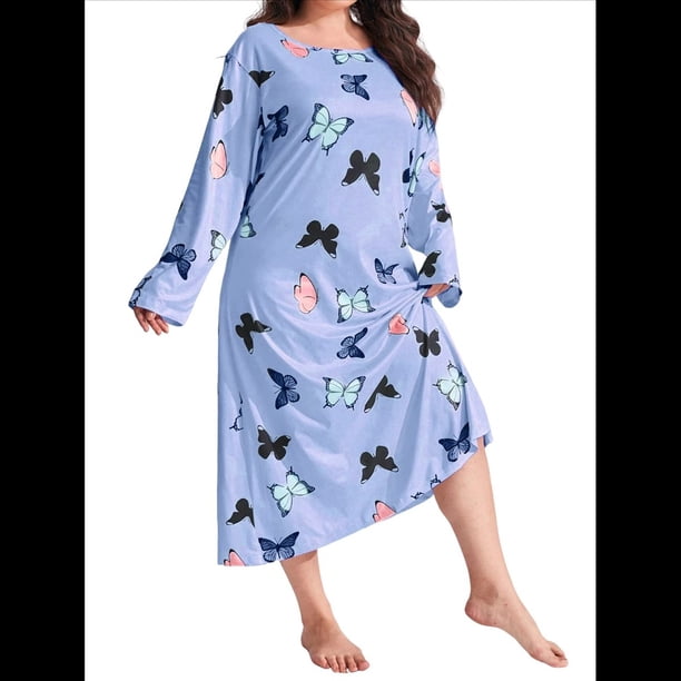 Camisón de Larga para Mujer, Estampado, Camiseta, Vestido de Dormir Azul 5XL