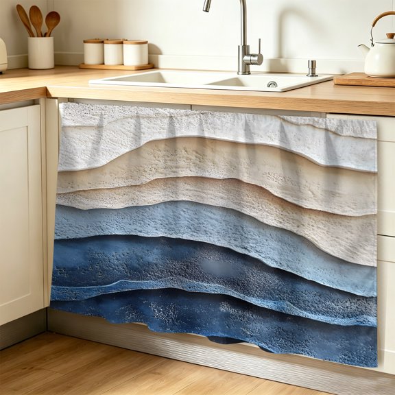 Blue Beige Cabinet Curtain 32"Wx55"L, Dustproof Pantry Door Curtain with Self Adhesive Tape, Coastal Wave Modern Abstract Art Tall Storage Cover Privacy Drape for Bathroom Kitchen Laundry Room