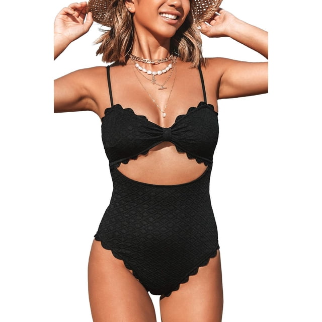 Traje de baño de una pieza para mujer, sexy, negro, con recortes y ribete festoneado