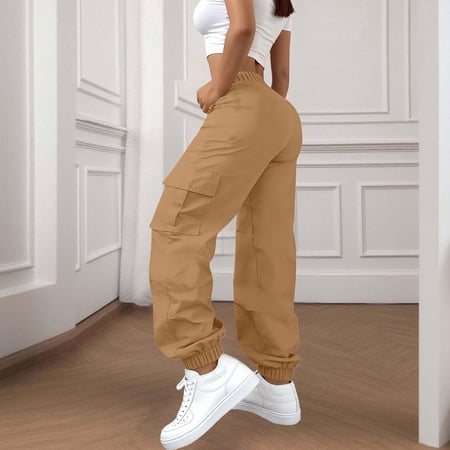 Women s Plus Size Cargo Pants High Waisted Stretchy Work Pants Elastic Ankle Casual Utility Pants for Women Baggy Wide Leg Streetwear Trousers Khaki XL