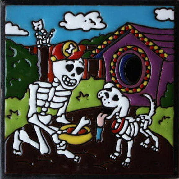 6x6 Dog Lover. Day-Of-The-Dead Clay Tile