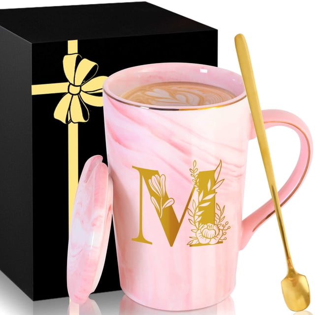 Taza de café de cerámica MNZZ de mármol rosa con tapa y cuchara