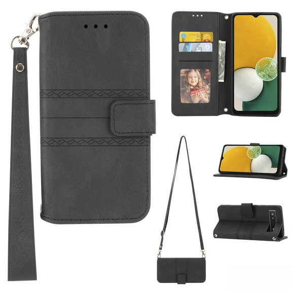 Nalacover Wallet Case for Google Pixel 6A, Embossed Pattern PU Leather Card Slots Holder Wrist Strap Handbag Kickstand Flip Folio Cover with Shoulder Strap Crossbody Magnetic Clasp Case,Black