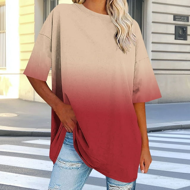 Yourumao Plus Size Tops for Women Gradient Short Sleeve Shirts Loose Casual Crewneck Blouses Oversized Soft Tees Spring Trendy Plus Tops