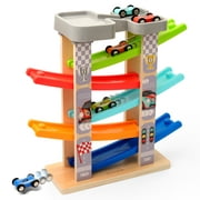 Coogam Wooden Race Track Car Ramp Toy-5 Level Includes 5 Wooden Toy Cars for kids