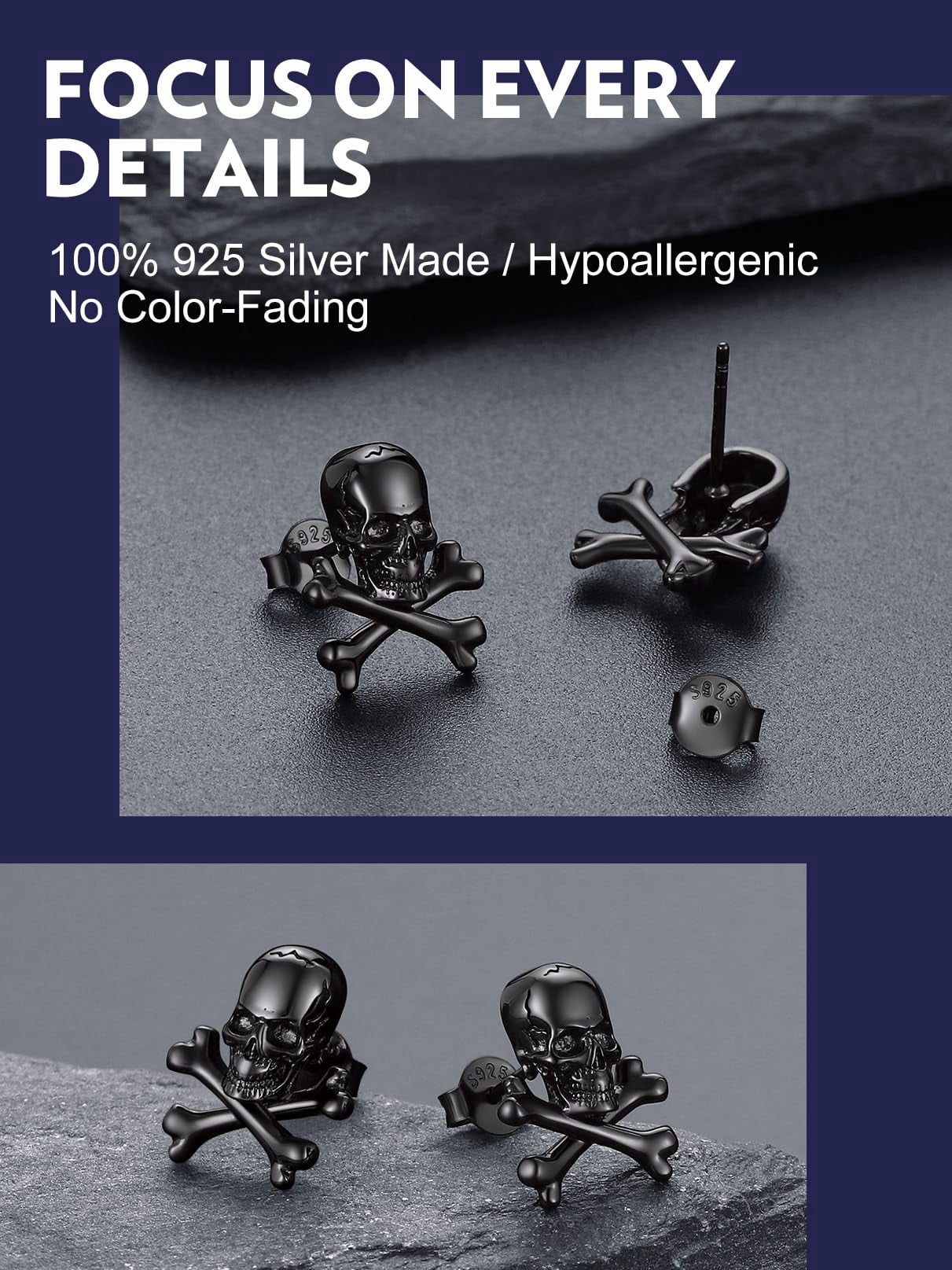 Bandmax Black 925 Sterling Silver Skull Crossbone Stud Earrings for Women Men Punk Gothic Biker Skull Skeleton Earrings Jewelry for Halloween Gift