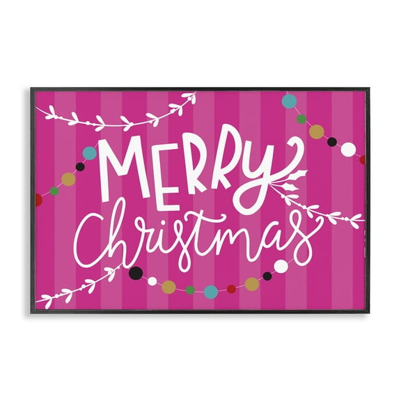 Stupell Industries Merry Christmas over Pink Stripes Holiday Painting Black Framed Art Print Wall Art, 18 x 12