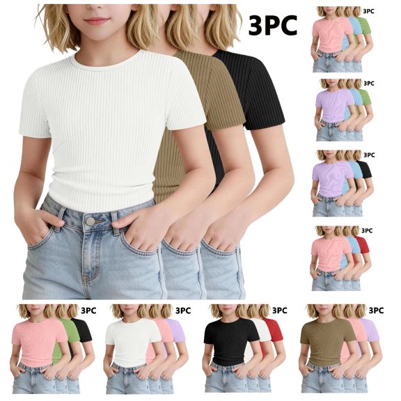 WAVSUF Girls Short Sleeve Tee 3-Pack Round Neck Short Sleeve Skinny Summer Casual Soft T-Shirt Brown Size 9-10