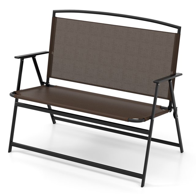 Topbuy Banc de Jardin Pliable pour 2 Personnes avec Dossier en Tissu et Accoudoirs en Métal Banc d'Extérieur Portable
