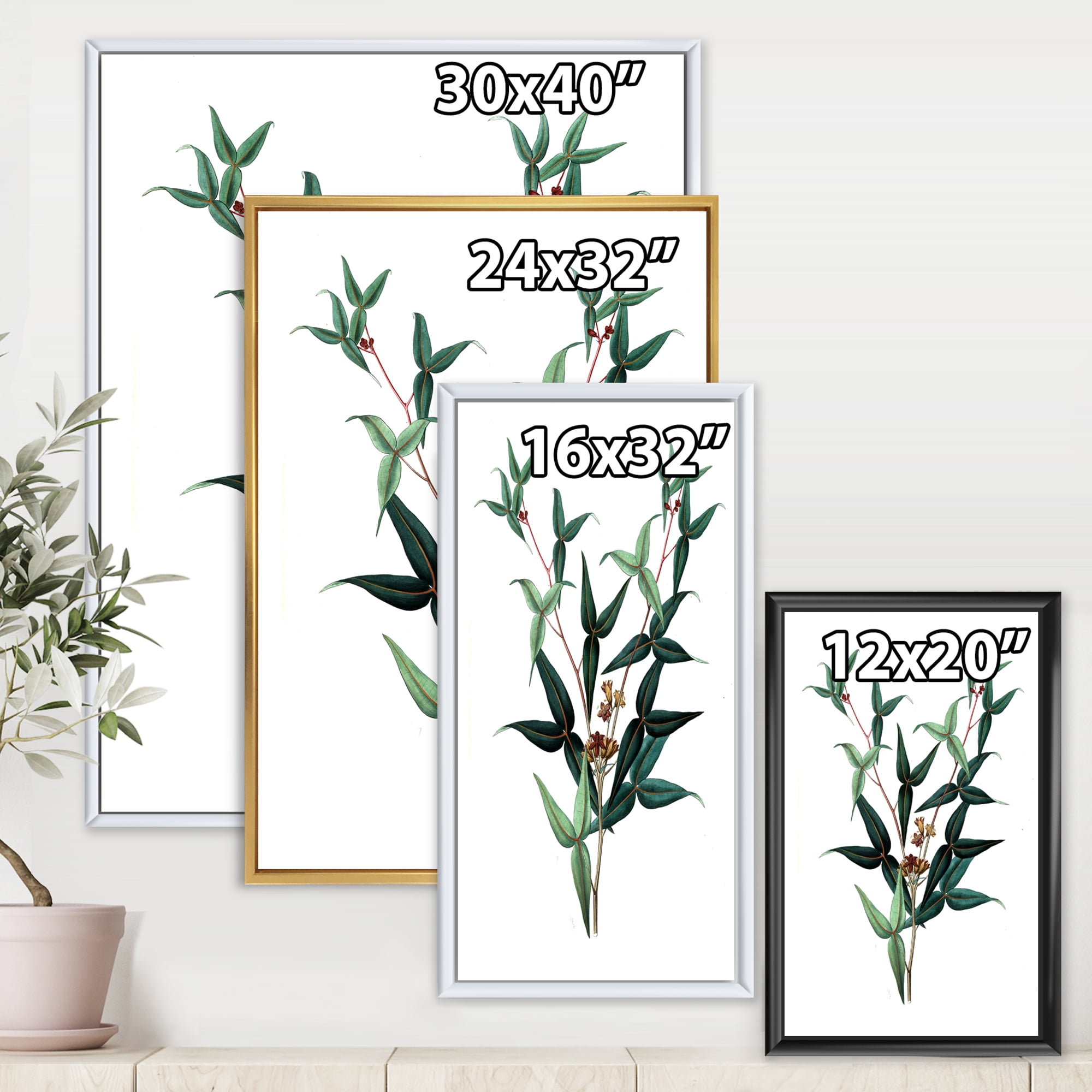 Designart 'Ancient Green Leaves Plants VIII' Traditional Framed Canvas Wall Art Print