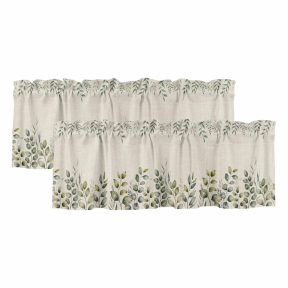 Eucalyptus Curtain Valances for Windows, Kitchen Valance Window Treatments Panel 2 Pack, Sage Green Farmhouse Leaf Pastoral Plant Rod Pocket Short Curtains for Bathroom Bedroom 54 x 18 Inch