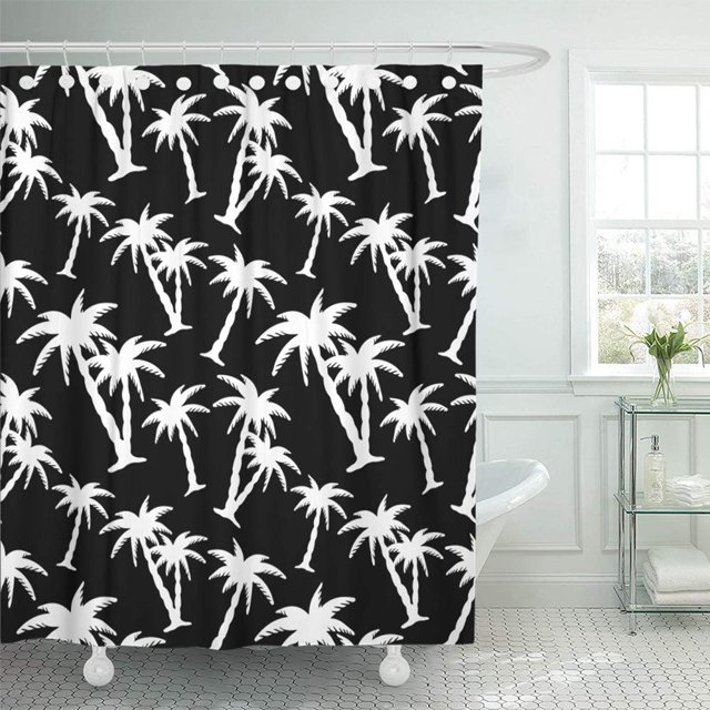 ABPHQTO Cocoteros en blanco y negro Infinito silueta Ecología Bosque Mano Impermeable Baño Cortinas de ducha Set 165x180 cm