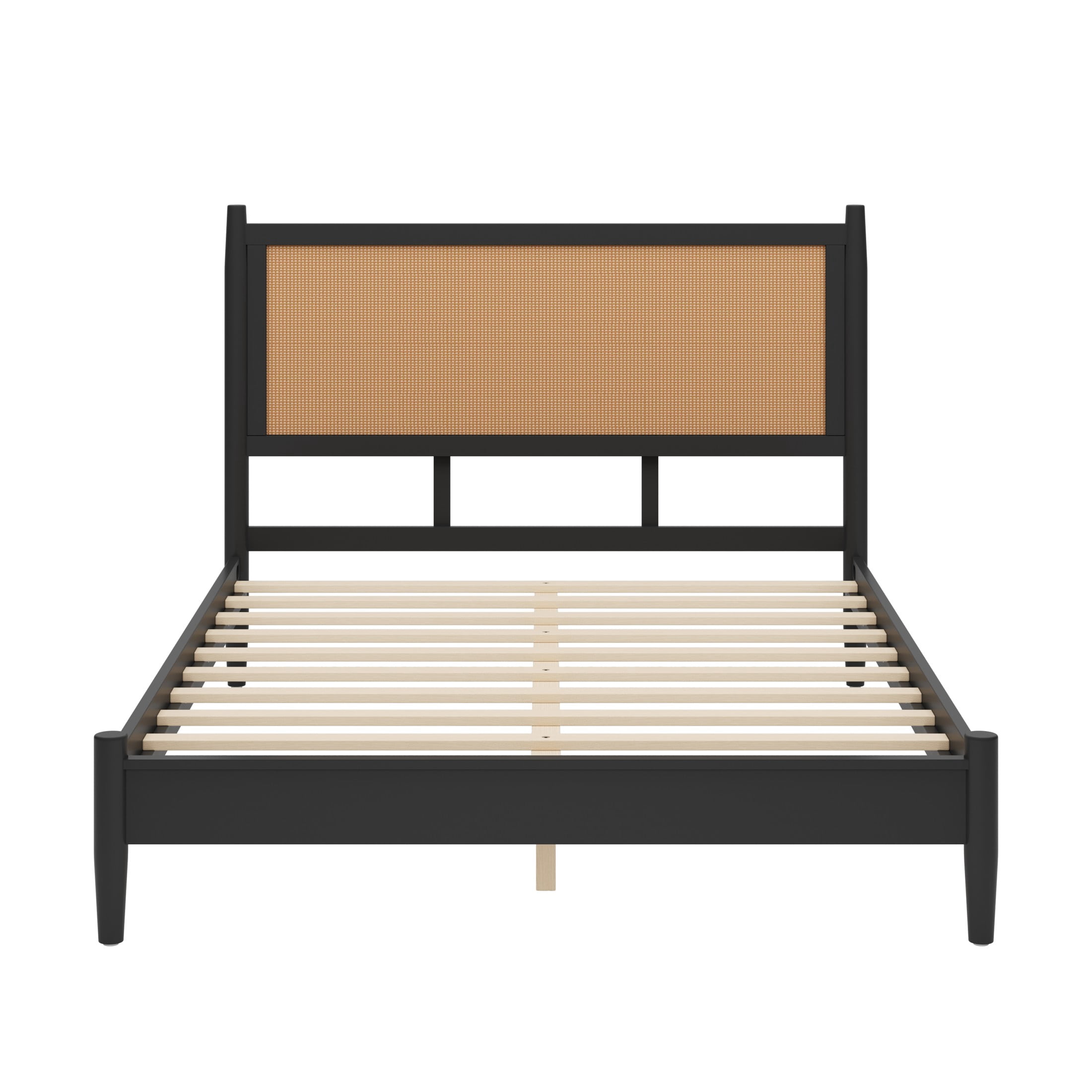Christopher Knight Home Boho Queen Platform Bed Frame with Rattan Headboard, Wood Slat Support, Black