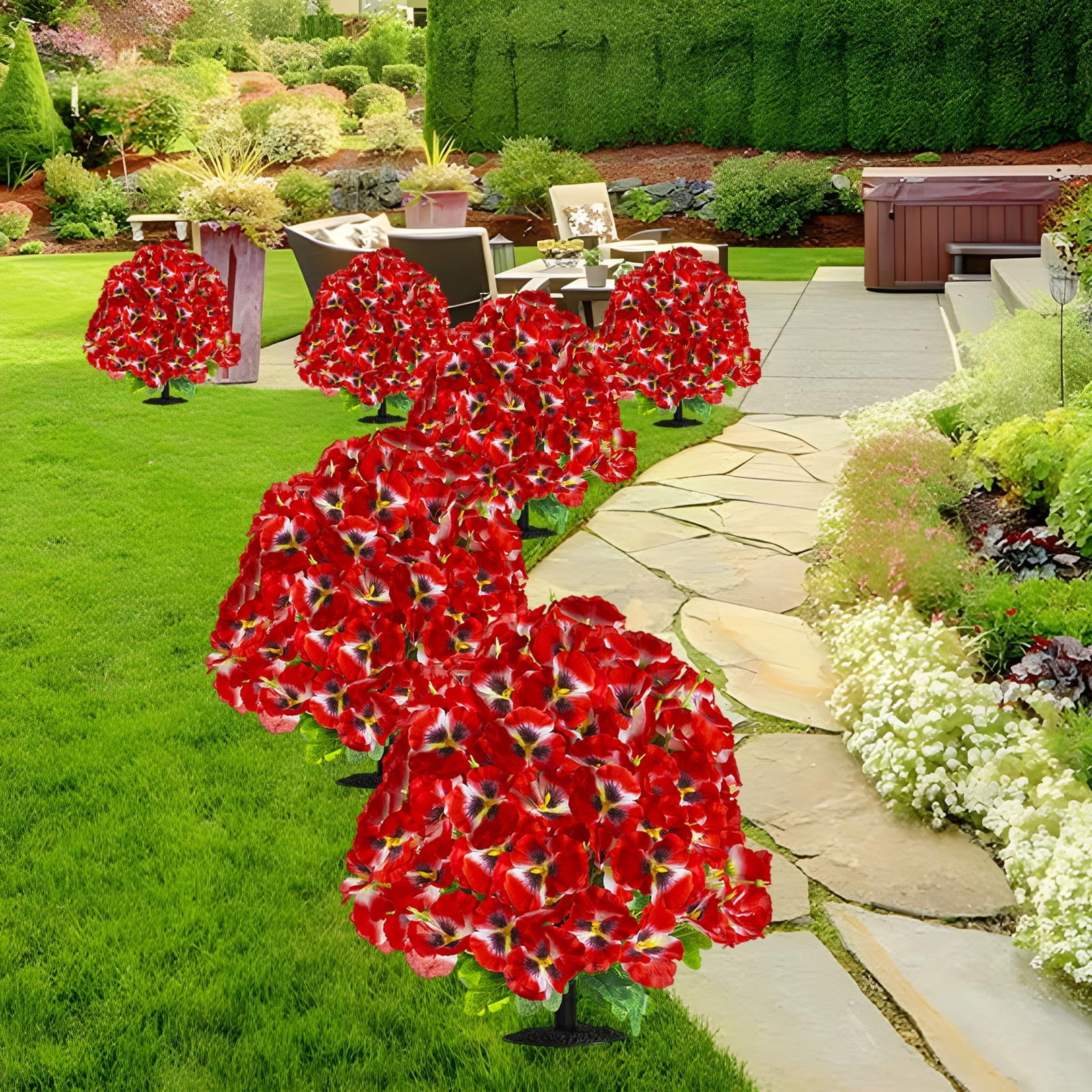 Taotanxi 15.7" Artificial Boxwood Topiary Ball with Flowers Plants with Ground Spikes for Outdoor UV Resistant Realistic Fake Bushes Plants for Garden Yard Front Porch Patio Decor (Red)