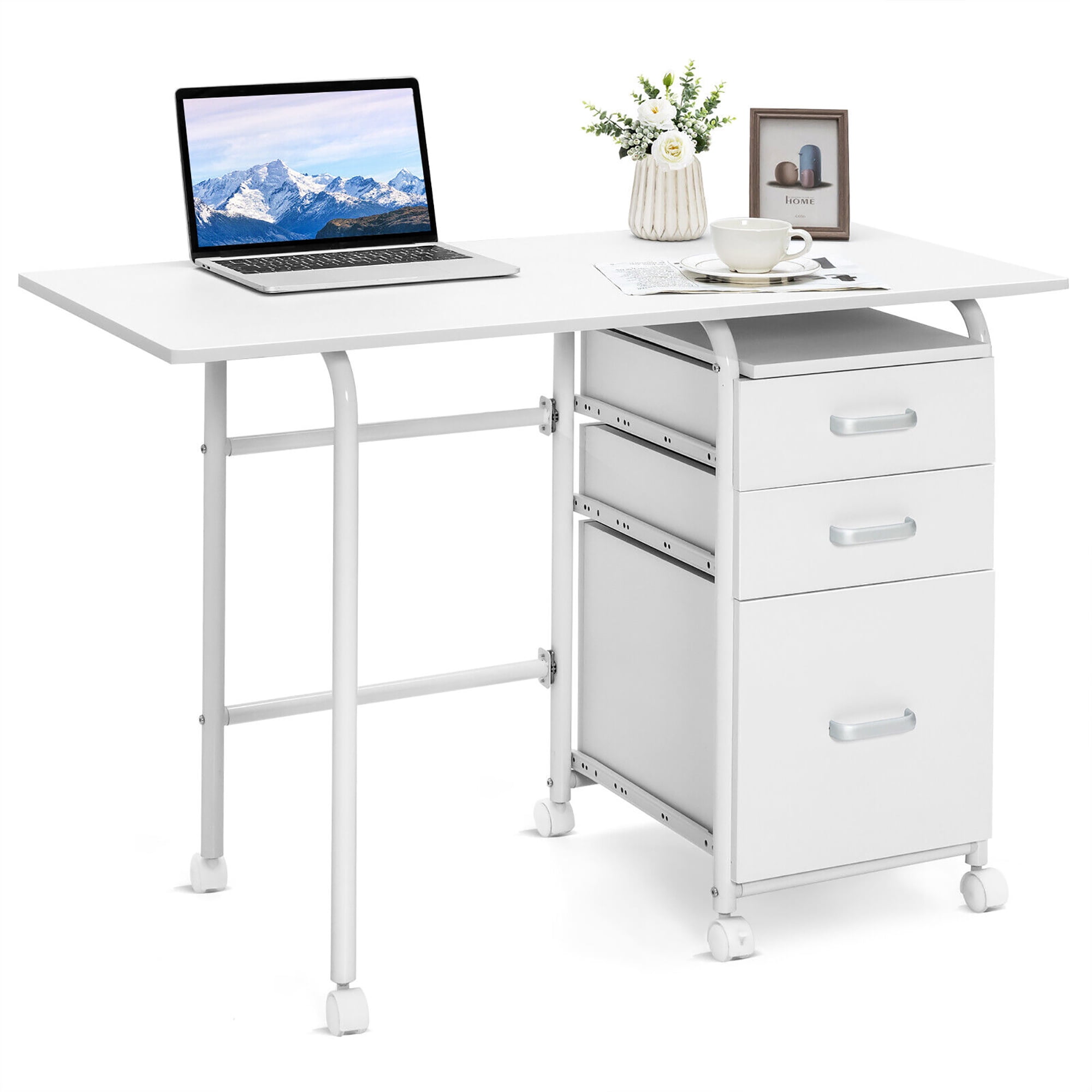 Gymax Folding Computer Laptop Desk Wheeled Home Office Furniture w/3