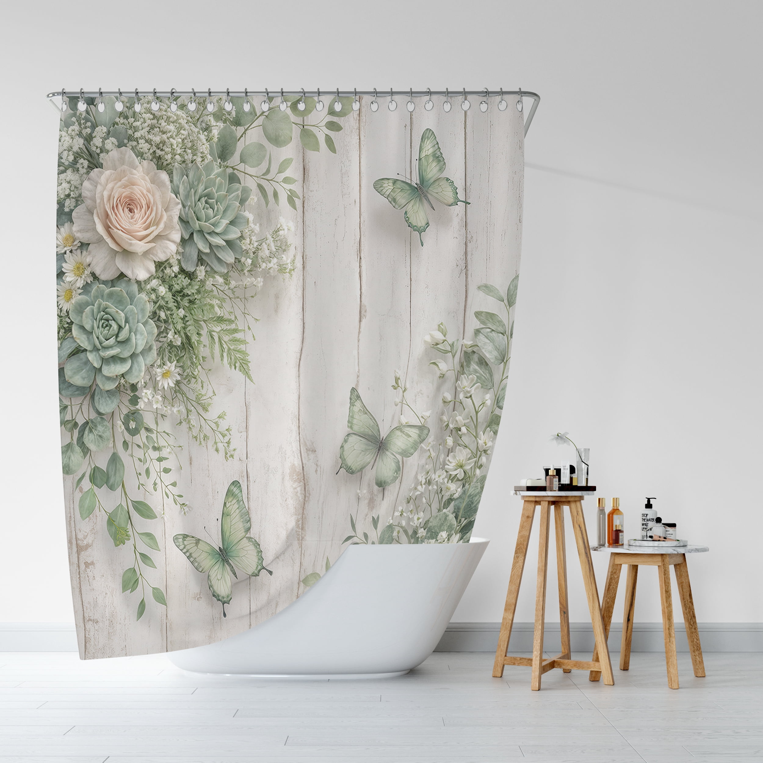 Sage Green Floral Shower Curtain - Farmhouse Rustic Rose Butterfly Bathroom Curtain Boho Botanical Waterproof Fabric Set with 12 Hooks,47X64in