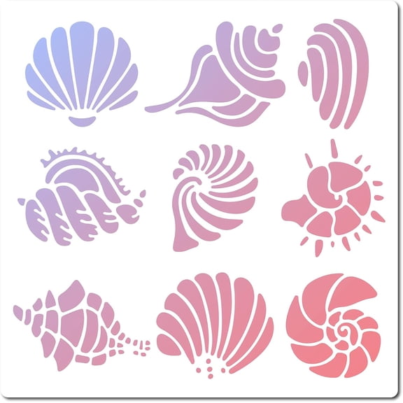 Shell Stencil Conch Template Stencil 18x18cm Plastic Square Reusable Summer Ocean Theme Drawing Template for Painting on Wall Furniture Fabric Scrapbooking Card DIY Art Crafts Home Decor