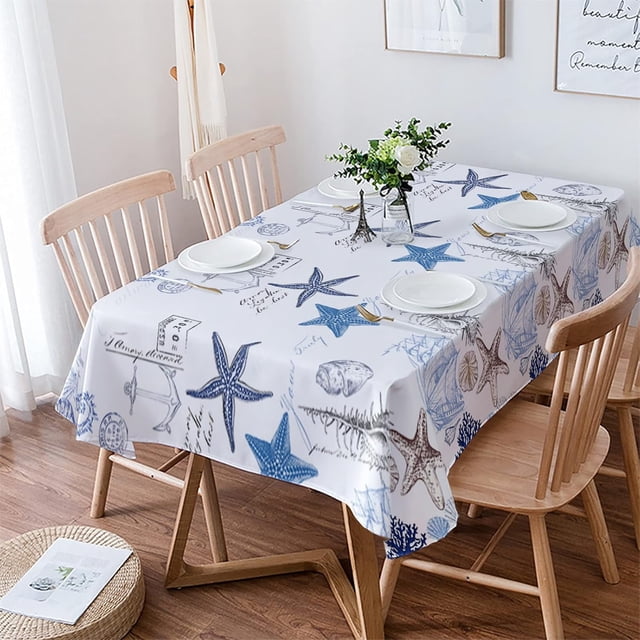 Rectangle Ocean Starfish Tablecloth Waterproof Stainproof Undersea Shell Seahorse Beach Coastal Nautical Anchor Washable Polyester Cloth, WrinkleFree Fabric for Dining