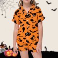 thumbnail image 2 of Curuila Kids Girls Halloween Pajamas Set Short Sleeve Hallowmas Cartoon Print Lapel Button Down Pjs Tops With Shorts For Party Casual Sleepwear Orange1 Size 6-7 Years, 2 of 4