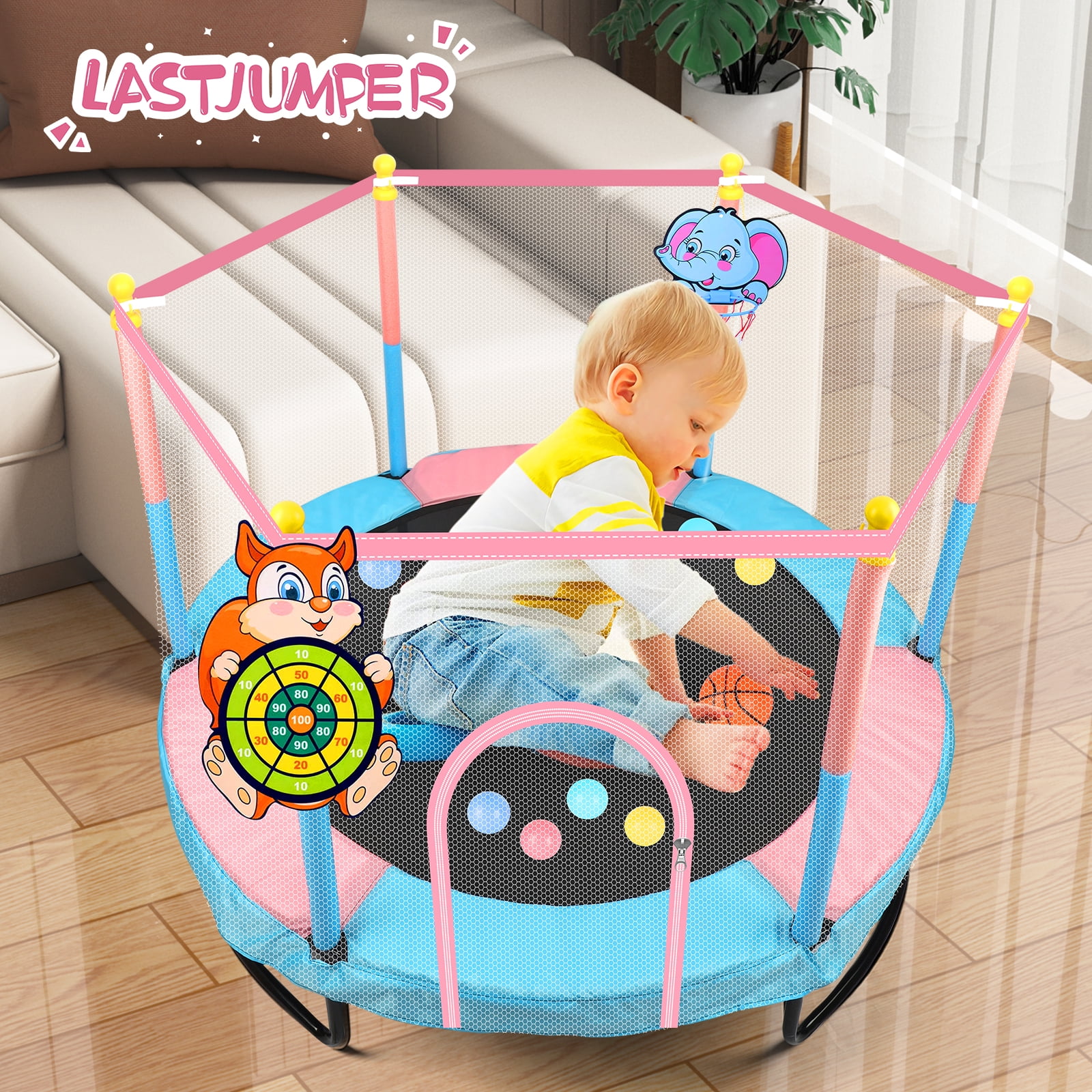 LASTJUMPER 60"  Trampoline for Kids 2-5, 5ft Mini Indoor & Outdoor Small Toddler Trampoline with Basketball Hoop, Dart Board, Ocean Ball ,Baby Trampoline Toys, Birthday Gifts for girl,pink
