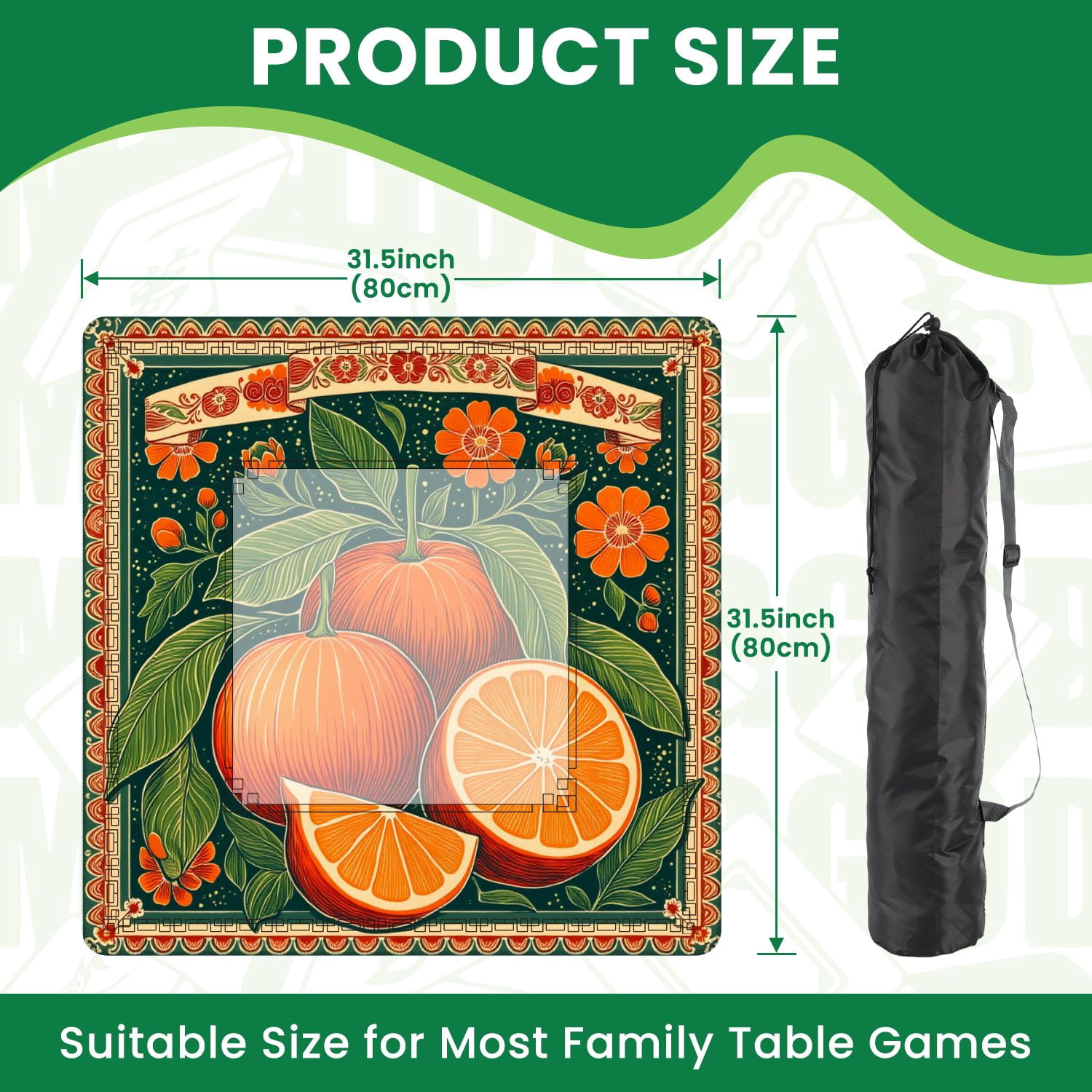 Mahjong Mat 31.5" x 31.5" Vintage Orange Fruit Leaves Flowers Retro Botanical Style Non-Slip Noise Reduction American Mahjong Tiles Table Cover for Dominoes Poker Card Board Games Gift