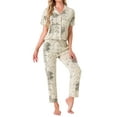 thumbnail image 2 of INSPIRE CHIC Womens Longewear Button Up Tencel Floral Ink Wash Pattern Short Sleeve Notched Collar Pants Set with Pockets M Beige, 2 of 6