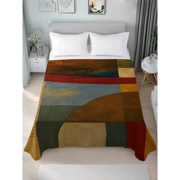 Queen Size Flat Sheet Only,Abstract Color Block Soft Top Bed Sheets Breathable Bedding Sheet Mid-century Geometric Style Microfiber Hotel Luxury Top Sheets