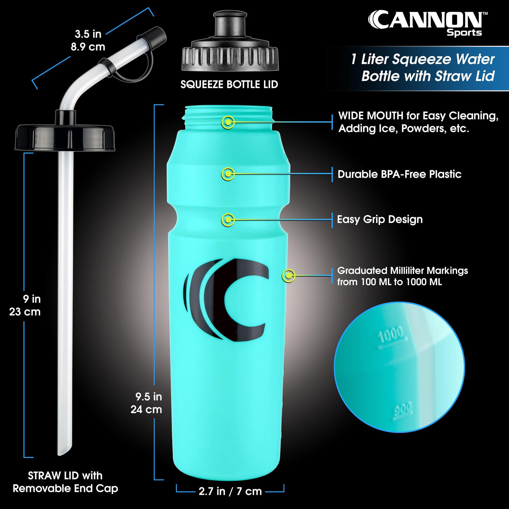 Cannon Sports 1 Liter Sports Water Bottle, BPA-Free, 34 Oz Capacity, Large Mouth, 2 lids (Straw and Squeeze), Great For Helmet Sports Such As Hockey, Lacrosse, Football, Boxing (6 Pack) (Aqua)