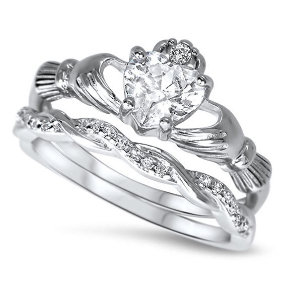 CZ Wedding Set Claddagh Bridal Set Simulated Diamond Engagement Wedding Ring Set (5)