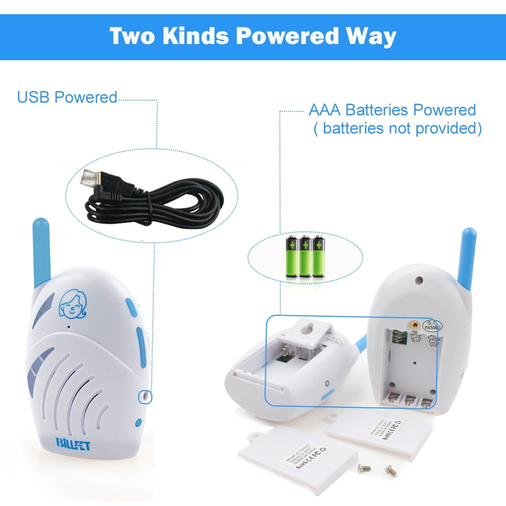Upgraded audio baby monitor with USB charging cable for use with power banks, long range and crystal clear sound