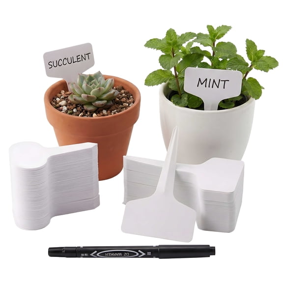 MoHern 200PCS Plant Labels with Permanent Marker, Waterproof T-Type PVC Plant Tags, Reusable Nursery Garden Markers for Succulents Herbs Flowers