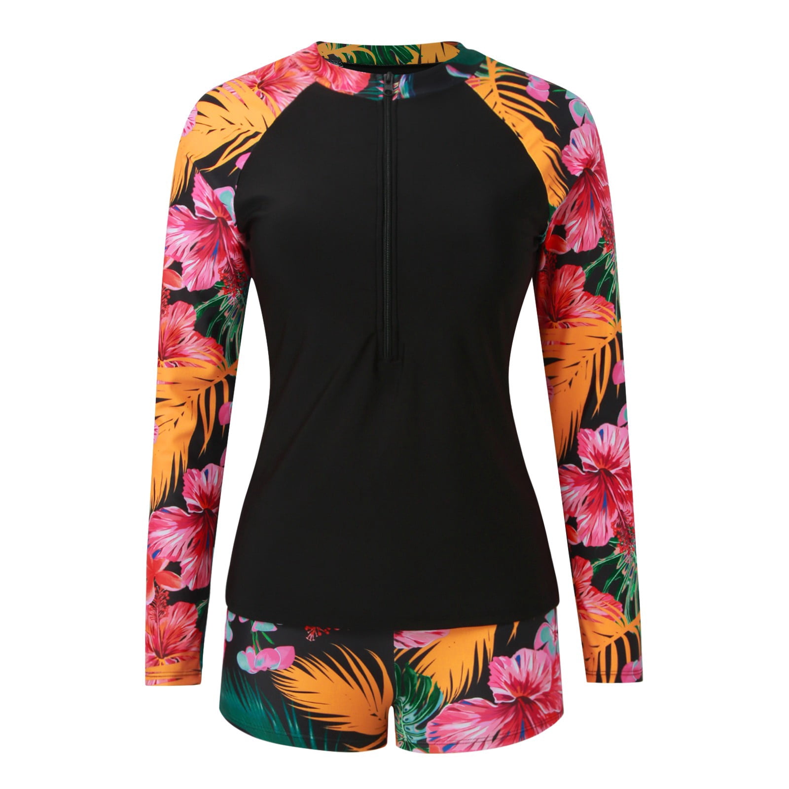 CHENge Women's Print Half-Zip Rash Guard, Long Sleeve Two-Piece