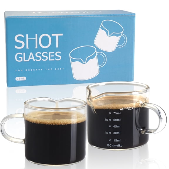 BCnmviku 2 PACK Espresso Glass Measuring Cup Triple Pitcher Milk Cup 75ML Espresso Cups with Handle Shot Glass with V-Shaped Mouth Clear Accessories Milk Frothing Pitcher
