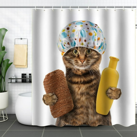 3D Digital Shower Curtain, Funny Cat Shower Curtain, Kitten Taking Shower Cartoon Animals Bathroom Curtain Home Decor Waterproof Fabric Machine Washable with 12pcs Hook Bathroom,, 72" L x 72" W