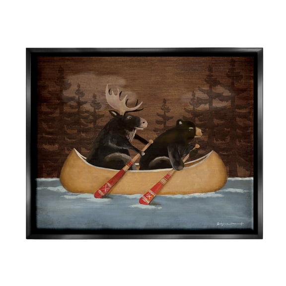 Stupell Canoeing Animals Rustic Woodland Transportation Painting Black Floater Framed Art Print Wall Art