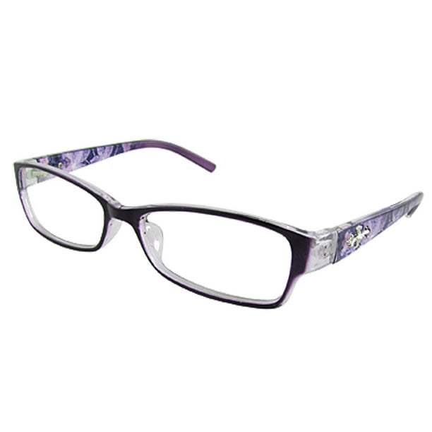 Lady Purple Floral Plastic Arm Clear Lens Plano Glasses