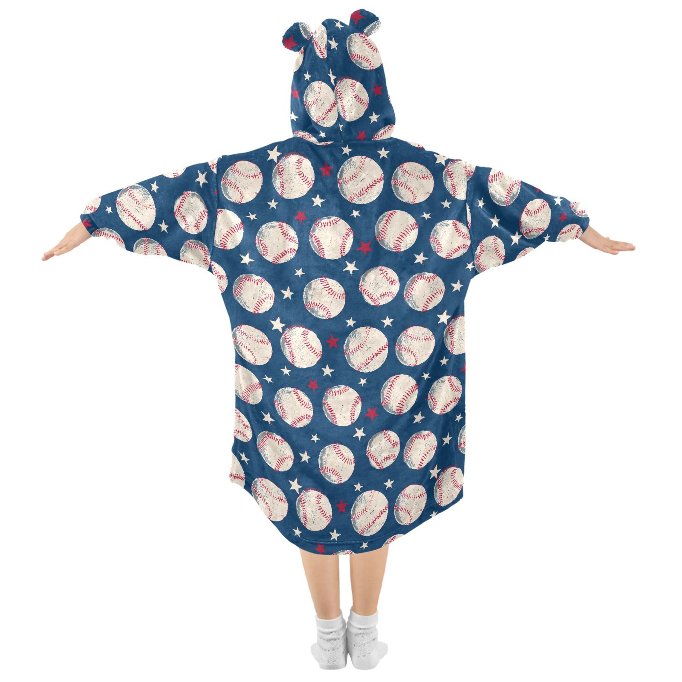 Wearable Blanket Hoodie for Kids Baseball Flannel Hooded Blanket with Pockets and Sleeves Suitable for Boys and Girls